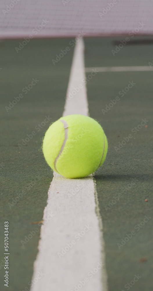 Vertical image of yellow tennis ball and net on tennis court