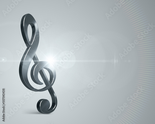 Musical 3d note vector. Melodic treble clef is symbol of steel gray color an element classical conservatory and modern music. Volume symphony design of art in creative songs and opera arias.
