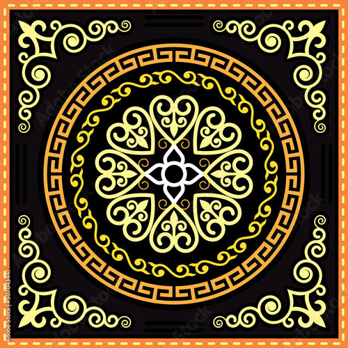 Mongolian folk art vector design with mandala, flower, and swirls, traditional oriental style background
