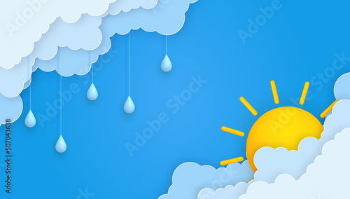 Cute blue sky background with paper cut clouds, 3d sun and rain drops garland.