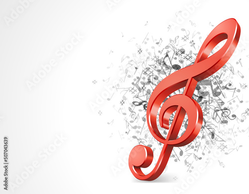 Red 3d treble clef on abstract music vector background. Fireworks made of colored notes is symbol classical conservatory and modern music. Symphony volume design of art in creative songs.