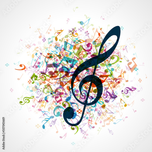 Contour treble clef on abstract music vector background. Black explosion of colored notes is firework melody classical and modern music. Concert volume design of art in creative confetti songs.