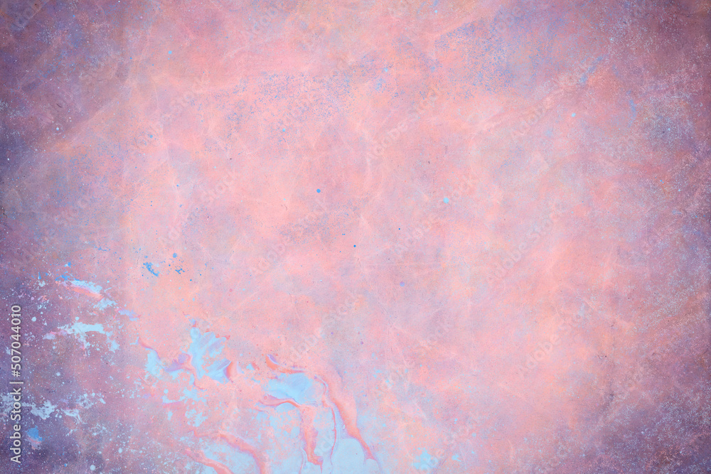 Pink crumpled paper texture with grainy blue splatter. Damage varies from small dots to larger worn out areas that reveal the underlying blue color.