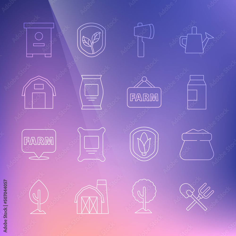 Set line Shovel and rake, Full sack, Paper package for milk, Wooden axe, Fertilizer bag, Farm house, Hive bees and Signboard with text icon. Vector Set line Shovel and rake, Full sack, Paper package for milk, Wooden axe, Fertilizer bag, Farm house, Hive bees and Signboard with text icon. Vector