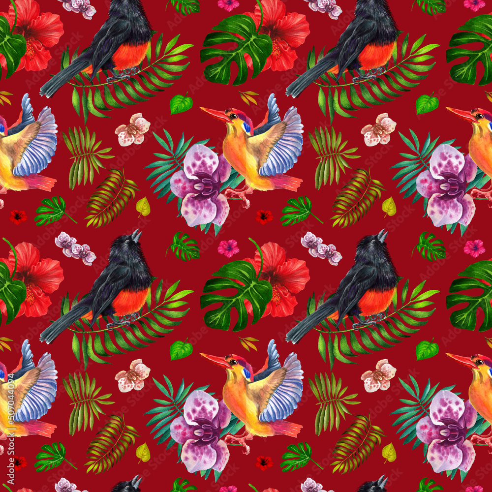 Obraz premium Watercolor pattern with tropical birds and plants . Red background.