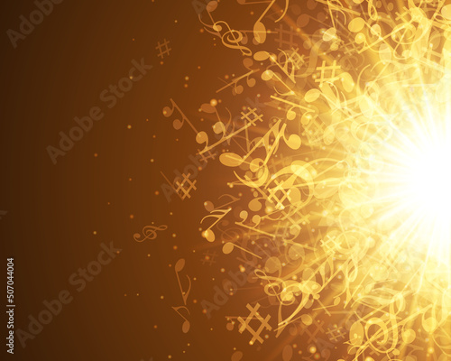 Sun rays from musical notes vector illustration. Bright yellow light with flying symbols creative music. Classical symphony of orchestra and modern rap style accompanied beautiful sound.