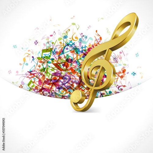 Orange 3d treble clef on abstract music vector background. Fireworks made of colored notes is symbol classical conservatory and modern music. Symphony volume design of art in creative songs.
