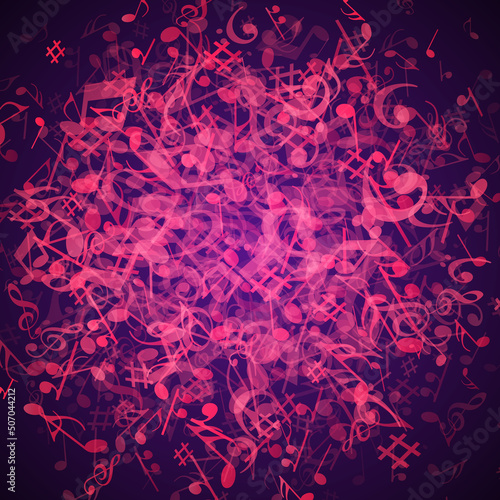 Musical notes vector illustration. Bright purple light with flying symbols creative music. Classical symphony of orchestra and modern rap style accompanied beautiful sound.