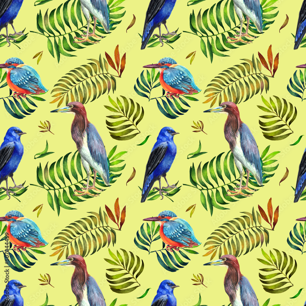 Obraz premium Watercolor pattern with tropical birds and Yellow background.
