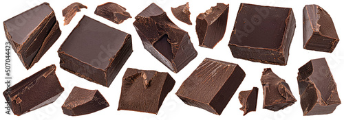 Chocolate pieces isolated on white background