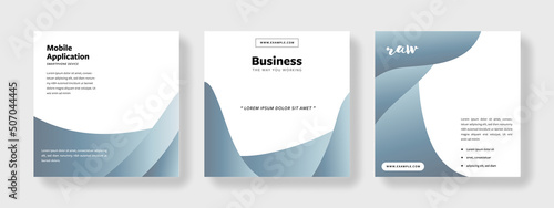 Trendy elegant editable social media set layouts with place for photos, curved elements, layered square business graphic templates for instagram and facebook, design with minimalistic style, blue grey