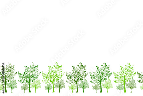 Green pear trees silhouettes seamless pattern vector illustration. Textile print design. Green trees isolated background. Seamless pattern of trees with branches and leaves. Bottom border for web page