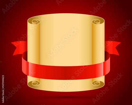 Unfolded scroll tied with red ribbon vector template. Rolled up blank parchment for congratulations and advice. Creative retro manuscript banner poetic greeting and banner drawing.