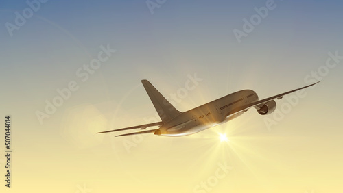 Modern Passenger airplane flight in sunset 