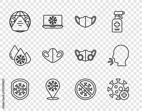 Set line Shield protecting from virus, Positive, Medical protective mask, Corona 2019-nCoV on location, Earth with medical, Stop and Man coughing icon. Vector