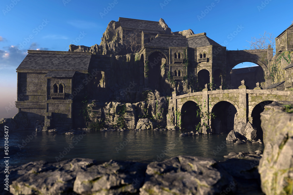 Ancient castle with bridge in rocky landscape at sunrise. 3D render.