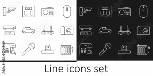 Set line Heating radiator, Photo camera, Radio, Car, Multimedia and TV box, Security, Router wi-fi signal and Bathroom scales icon. Vector