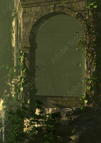 Arch of an ancient castle overgown with ivy in the mist. 3D render. photo