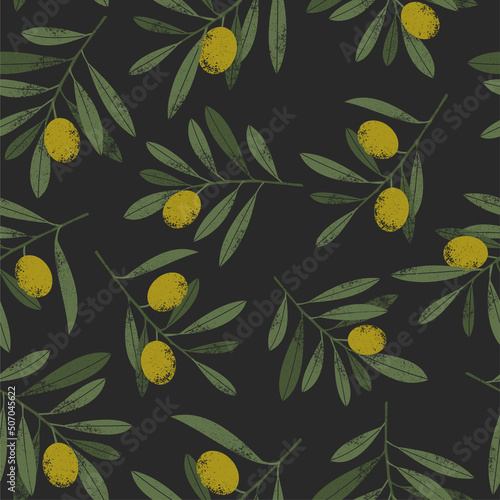 Olive seamless pattern. Olive leaves and branches on a dark background. 