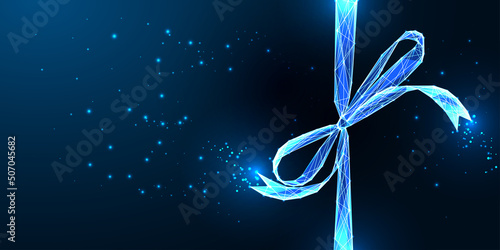 Futuristic gift ribbon bow concept banner in glowing low polygonal style isolated on dark blue