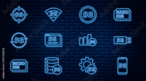Set line Mobile with 5G network, modem, and icon. Vector