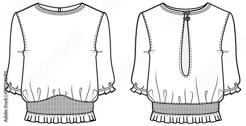 women three quarter sleeve crew neck woven top, casual blouse flat sketch vector illustration front and back view template isolated on background. cad mockup.
