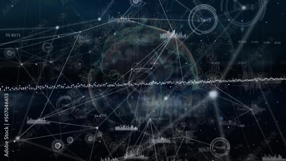 Animation of networks of connections and data processing over black background Animation of networks of connections and data processing over black background