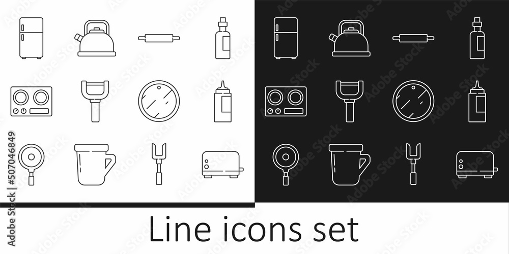 Set line Toaster, Sauce bottle, Rolling pin, Peeler, Gas stove, Refrigerator, Cutting board and Kettle with handle icon. Vector