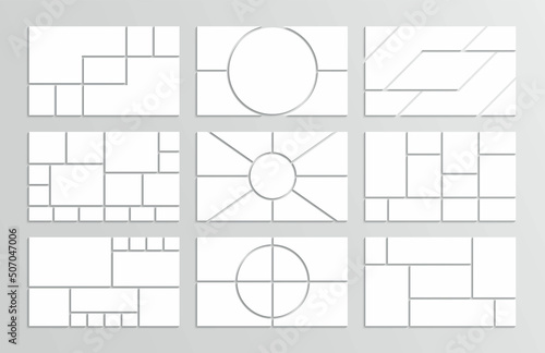 Collage grid. Moodboard template. Photo mood board layout. Mosaic pictures. Frame images. Album brandboard. Set of gallery banners. Presentation background. Organised portfolio. Vector illustration