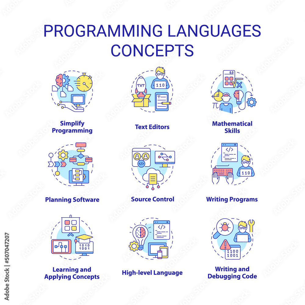Programming languages concept icons set. Writing code. Computer science idea thin line color illustrations. Isolated symbols. Editable stroke. Roboto-Medium, Myriad Pro-Bold fonts used Programming languages concept icons set. Writing code. Computer science idea thin line color illustrations. Isolated symbols. Editable stroke. Roboto-Medium, Myriad Pro-Bold fonts used