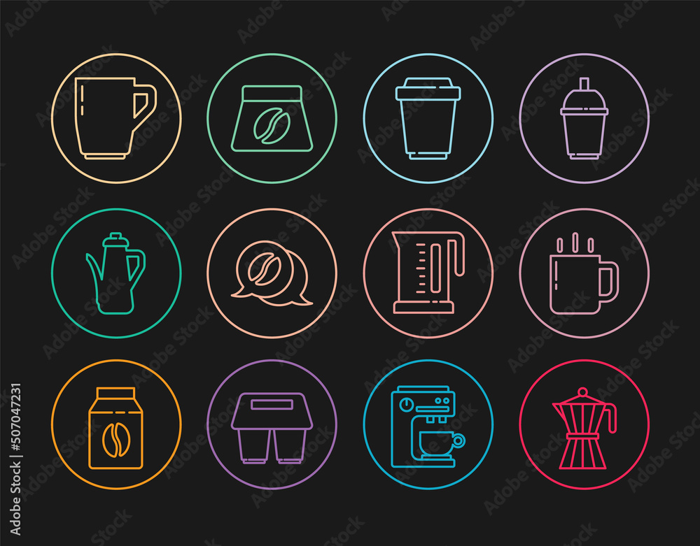 Set line Coffee moca pot, cup, to go, and conversation, Teapot, Electric kettle and Bag coffee beans icon. Vector Set line Coffee moca pot, cup, to go, and conversation, Teapot, Electric kettle and Bag coffee beans icon. Vector