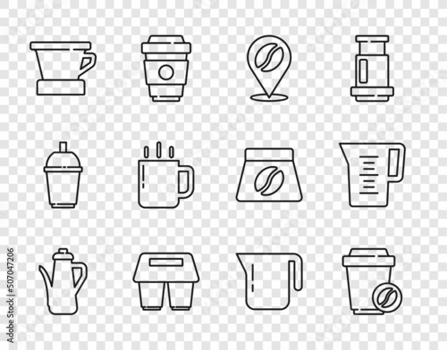 Set line Teapot, Coffee cup to go, Location with coffee bean, V60 maker, and Jug glass water icon. Vector
