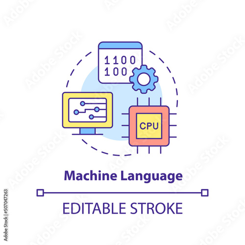 Machine language concept icon. Object code for CPU. Type of computer language abstract idea thin line illustration. Isolated outline drawing. Editable stroke. Arial, Myriad Pro-Bold fonts used