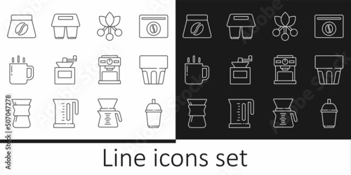 Set line Coffee cup to go, Glass with water, bean, branch, Manual coffee grinder, Bag beans, machine and icon. Vector