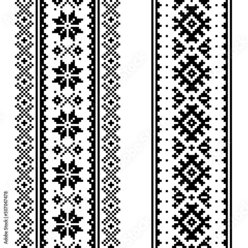 Winter vector seamless pattern set - two Christmas vertical designs, Sami people, Lapland folk art design, traditional knitting and embroidery in black and white
