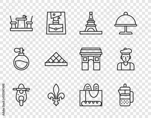 Set line Scooter, French press, Eiffel tower, Fleur De Lys, cafe, Louvre museum, baguette bread and man icon. Vector