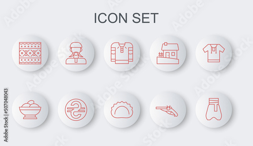 Set line Cossack pants, Varenyky in bowl, Embroidered shirt, Vintage pistols, Ukrainian ethnic pattern, cossack, hryvnia and Dumplings icon. Vector