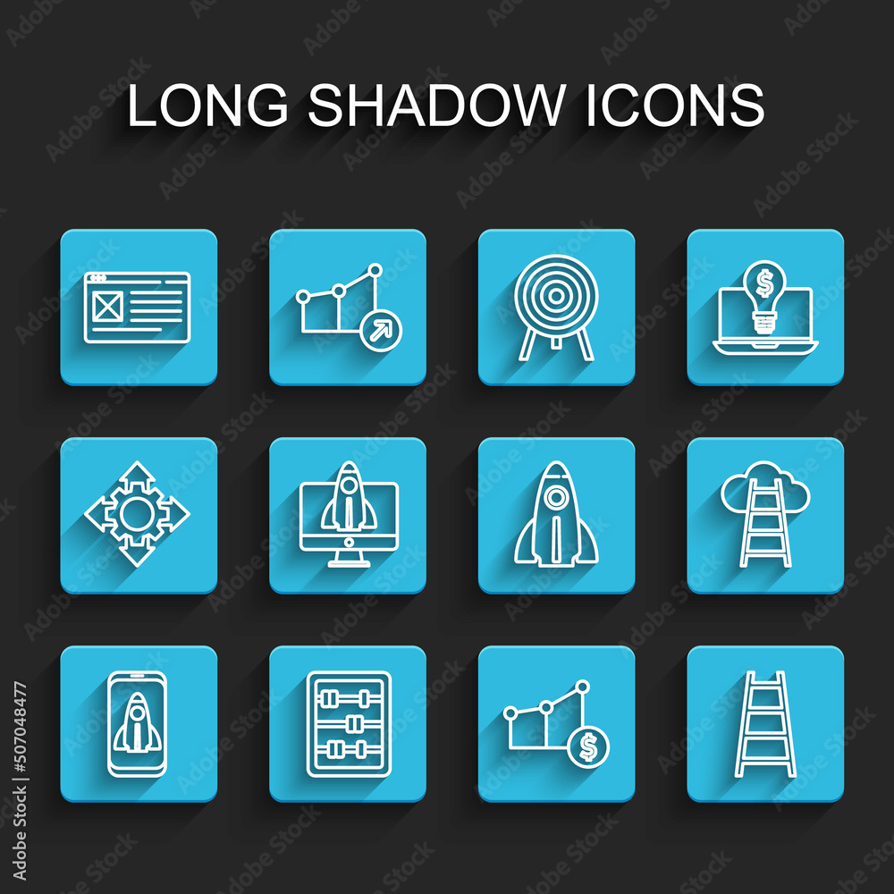 Set line Startup project concept, Abacus, Browser window, Pie chart and dollar, Stair with finish flag, and icon. Vector Set line Startup project concept, Abacus, Browser window, Pie chart and dollar, Stair with finish flag, and icon. Vector