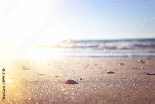 Fotografie, Obraz Sea waves and warm sunset light, calm and relaxing sandy beach