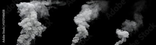 3 white pollution smoke columns from masut power plant on black, isolated - industrial 3D rendering