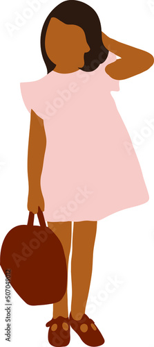 A dark-skinned girl in a dress with a red bag stands in full growth