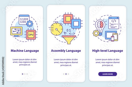 Types of computer languages onboarding mobile app screen. Walkthrough 3 steps graphic instructions pages with linear concepts. UI, UX, GUI template. Myriad Pro-Bold, Regular fonts used