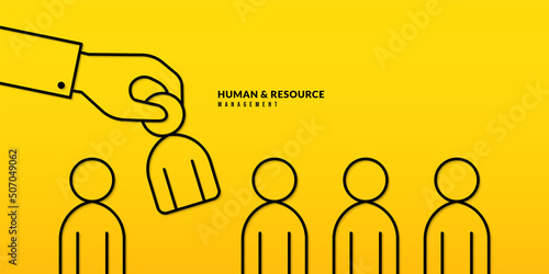 Hand holding businessman to complete teamwork on yellow background. Human resources and management concept, Recruitment Employment