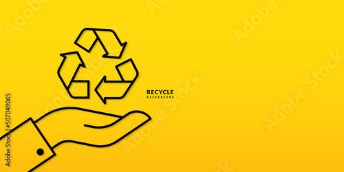 Hand holding recycle symbol thin line design on yellow background, Save the planet and energy concept