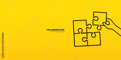 Hand holding jigsaw piece to complete last puzzle on yellow background, Business solutions, cooperation and teamwork concept. succuess, planning and strategy