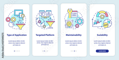Programing language choice criteria onboarding mobile app screen. Walkthrough 4 steps graphic instructions pages with linear concepts. UI, UX, GUI template. Myriad Pro-Bold, Regular fonts used