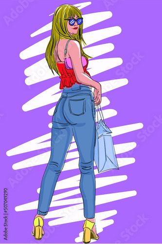 Carry shopping bags, jeans with glasses, blondes pose.
girl doing stand posing. illustrator vector.