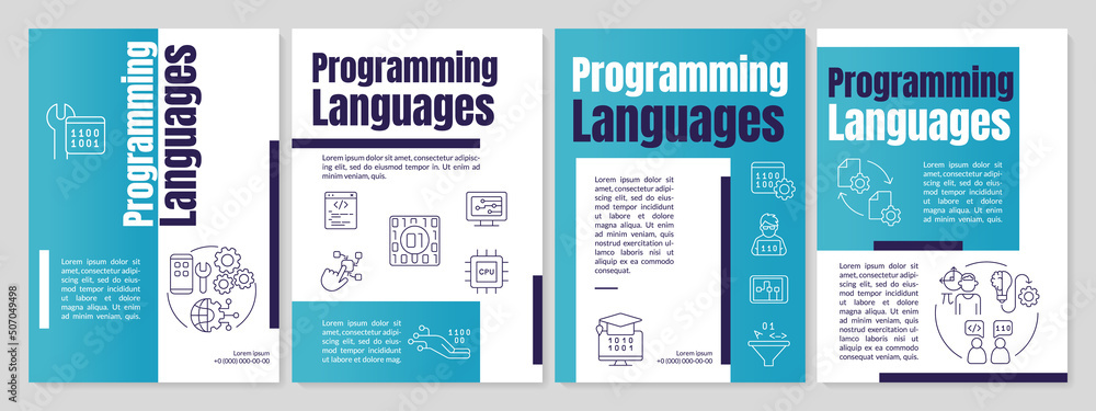 Programming languages blue brochure template. Set of instructions. Leaflet design with linear icons. 4 vector layouts for presentation, annual reports. Anton, Lato-Regular fonts used