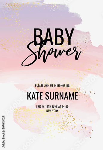 Baby shower watercolor background texture pink violet  newborn invite , children birthday stationery greeting card, pastel ink in vector  kids party , sweet girl, baby boy happy birthday poster