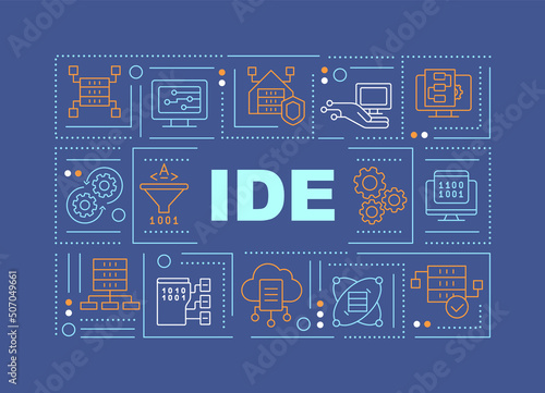 Integrated development environment word concepts dark blue banner. Infographics with icons on color background. Isolated typography. Vector illustration with text. Arial-Black font used